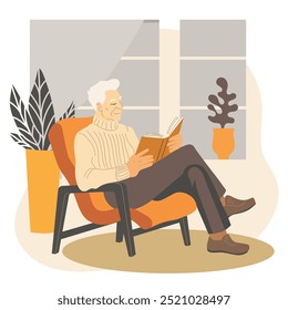 Idoso lendo livro enquanto sentado em uma cadeira. Homem sênior de cabelos grisalhos com roupas quentes passando o tempo em casa. Atmosfera de outono
