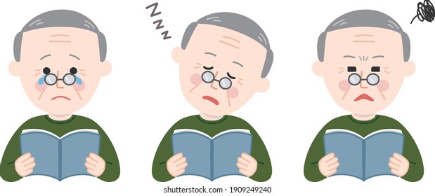 Elderly man reading and holding open books with different expressions. Vector illustration isolated on white background.