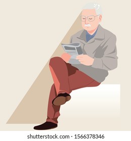 elderly man reading newspaper. Book lover, reader, isolated on background. Flat cartoon vector illustration.
