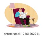 Elderly man reading newspaper. Grandpa holding periodical. Senior in comfortable armchair looks through news columns. Grandfather relax after work. Retired person resting