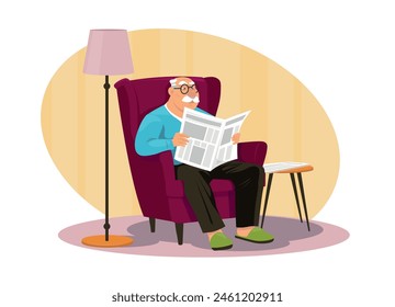 Anciano leyendo el periódico. Abuelo sosteniendo el periódico. Senior en cómodo sillón mira a través de columnas de noticias. El abuelo se relaja después del trabajo. Jubilado en reposo