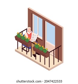 Elderly man reading newspaper on cozy balcony with flowers isometric vector illustration