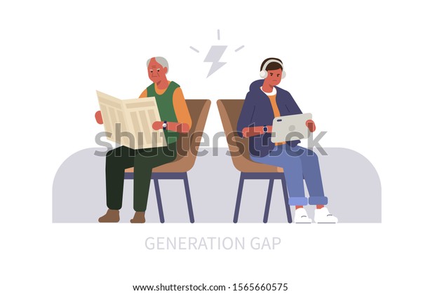 Elderly Man reading Newspaper, Teenage Boy\
using Tablet. Two People Characters Arguing. Baby Boomer and\
Millennial or Generation Z Conflict. Generation Gap Concept. Flat\
Cartoon Vector\
Illustration.