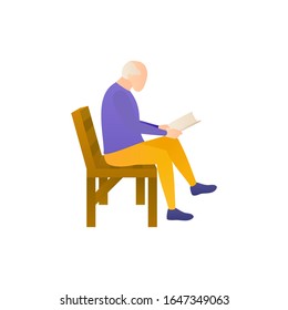 Un anciano lee un libro, ilustración plana vectorial. Profesora ciudadana senior de ocio en el parque sentada en la banca. Un anciano de pelo gris se sienta en un banco aislado solo en un fondo blanco.