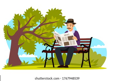 Elderly man reads news in city park. Grandfather sitting on bench, holds newspaper, near green tree and bushes. Vector character illustration of citizen pensioner relaxing in urban public space