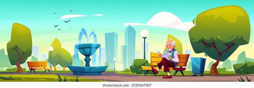 Elderly man reads newspaper on wooden bench near decorative fountain in public urban park. Cityscape backdrop with tall skyscrapers. City garden scene with lampposts, green trees and bushes.