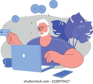 The elderly man receives income. Work in the comfort of your own home. Vector illustration of money on the card