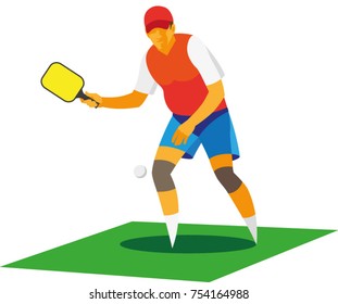 An elderly man in a red baseball cap plays with a ball in a pikcleball