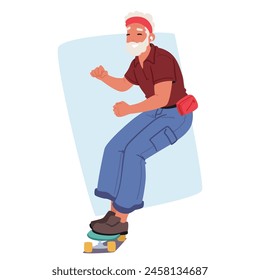 Elderly Man With A Red Headband And A Fanny Pack Strikes A Playful Pose On A Skateboard, Capturing The Essence Of Staying Young And Active In Later Years. Character Cartoon People Vector Illustration