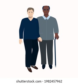 Elderly man and man relationship, marriage, wedding, love, couple, happy old age concept. Grandparents together, cartoon style. Minimalism, vector illustration 