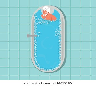 elderly man relaxing in a bathtub, therapeutic and relaxing bath. vector illustration in top view style.