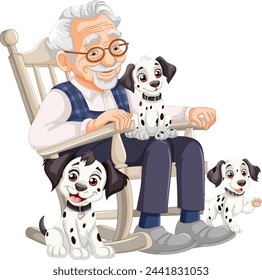 Elderly man relaxing with three cute Dalmatian dogs