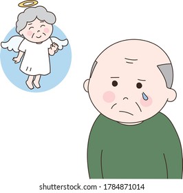 Elderly man reminiscing about his late wife. Vector illustration isolated on white background.