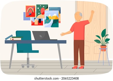 Elderly man repeats exercises after video on screen. Old male character with laptop is doing morning work-out. Home meditation, relaxation and breathing exercises. Senior person deals with technology