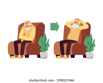 Elderly man resting in chair with tired and rested face expression, flat vector illustration isolated on white background. Aging and lack of energy of seniors.