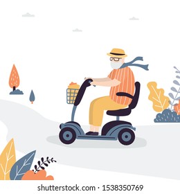 Elderly man ride on electric mobility scooter. Grandfather use Electric Wheelchair. Transport for old people. Trendy style vector illustration