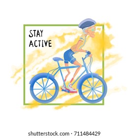 Elderly man rides a Bicycle. Active lifestyle and sport activities in old age. Template for poster or flyer for a sport club or sporting event. Vector illustration, isolated on white background.