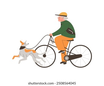 Idoso andando de bicicleta com cachorro na coleira. Atividade esportiva ao ar livre sênior com cachorrinho de estimação. Animação estilo de vida saudável, longevidade ativa. Ilustração plana vetorial isolada no branco