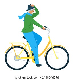 Elderly man riding bicycle flat vector illustration. Senior man in casual clothes cartoon character. Sport and fitness, grandfather daily activity, environment friendly vehicle isolated design element