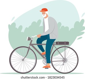 Elderly man riding a bicycle in the park. Active retirement concept. Flat vector character.