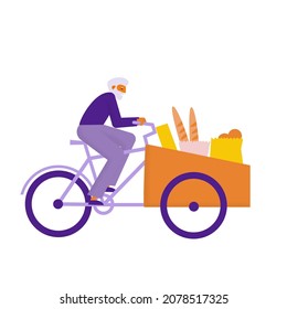 Elderly man riding cargo bike with goods. Grandfather makes shopping with bakfiets bicycle. Flat vector illustration  