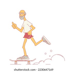 An elderly man is riding a skateboard,an old man is riding a skateboard.Shows a thumbs up. Athletic man.Side view.Stock vector illustration of an elderly man,a pensioner who leads an active lifestyle.