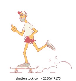 An elderly man is riding a skateboard,an old man is riding a skateboard.Shows a thumbs up. Athletic man.Side view.Stock vector illustration of an elderly man,a pensioner who leads an active lifestyle.