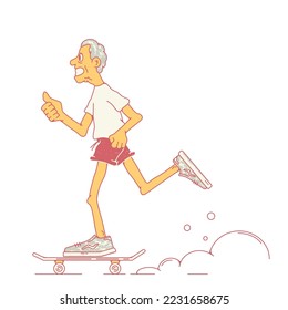 An elderly man is riding a skateboard,an old man is riding a skateboard.Shows a thumbs up. Athletic man.Side view.Stock vector illustration of an elderly man,a pensioner who leads an active lifestyle.