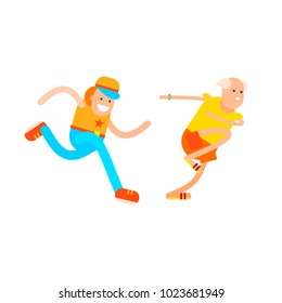 An elderly man is running faster than a young vector illustration. The concept of sport for the elderly and healthy lifestyle