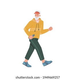 Elderly Man Running Jogging Side View Isolated Flat Cartoon Portrait. Vector Middle Age Bearded Male, Pensioner Sportive Jogger Run Workout, Movement Motion, Sport Training Cross Of Mature Person