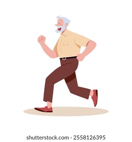 Elderly man running jogging side view, vector illustration isolated on white. Senior man character doing sport. Active healthy lifestyle concept. Outdoor running activity.