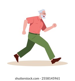 Elderly man running jogging side view, vector illustration isolated on white. Senior man character doing sport. Active healthy lifestyle concept. Outdoor running activity.