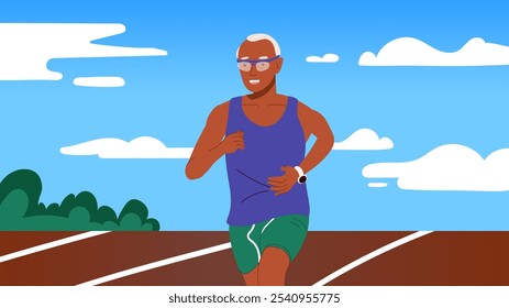 Elderly man running on outdoor track field. Grampa doing cardio for healthy lifestyle in the morning. Flat cartoon character illustration.