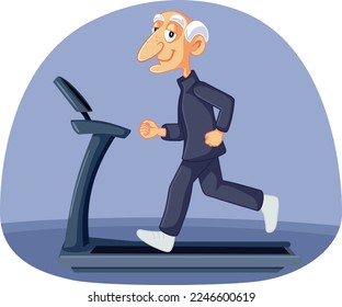 
Hombre mayor corriendo en la ilustración de la caricatura del vector Treadmill. Abuelo haciendo ejercicios de recuperación fisioterapéutica gimnasia muscular 
