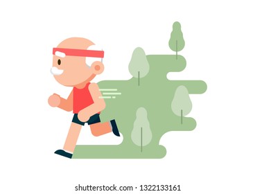 Elderly man running at park background, grandfather jogging, healthy lifestyle concept, vector illustration.