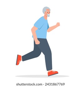 Elderly man running. Senior man character doing sport. Active healthy lifestyle concept. Vector cartoon or flat illustration isolated on white background.