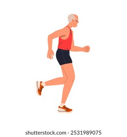 Anciano corriendo. Perfil de corredor senior, entrenamiento cardiovascular para la resistencia. Atleta masculino de edad avanzada. Persona activa y saludable haciendo ejercicio, entrenando. Ilustración vectorial plana aislada sobre fondo blanco