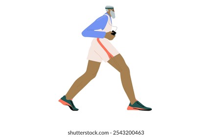 Elderly man running. Senior jogger profile, cardio workout for endurance. Old aged male athlete. Active healthy person exercising, training. Flat vector illustration isolated on white background