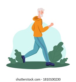 An elderly man runs in the Park. The concept of active old age, sports, and running. Day of the elderly. Flat cartoon vector illustration.