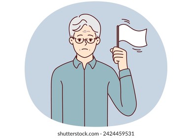 Elderly man with sad face stands showing white flag as sign lack strength to fight disease or finances to pay bills. Old human with gray hair wearing glasses for euthanasia concept. Flat vector image