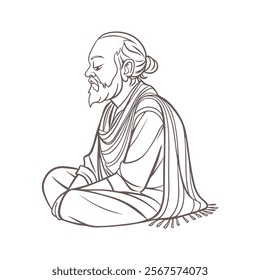 Elderly man sage meditates sitting. Contemplative sage. Sketch, illustration.