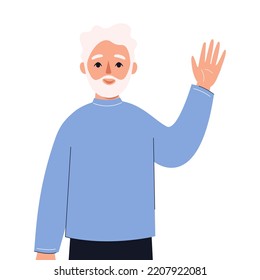 Elderly man saying hi and waving with hand. Concept of online education, smb, communication. Vector flat illustration.