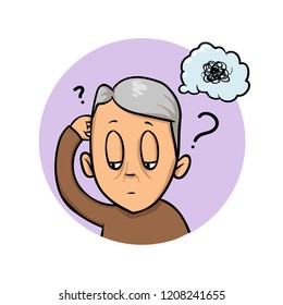 Elderly man scratching his head trying to remember or feeling confused. Confusion, memory loss. Colorful flat design icon. Flat vector illustration. Isolated on white background.
