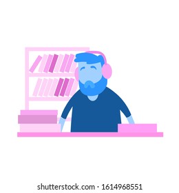 Elderly man, senior man with headphones listening to the music. Flat design icon. Colorful flat vector illustration. Isolated on white background.