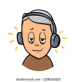 Elderly man, senior retired guy with headphones listening to the music. Flat design icon. Colorful flat vector illustration. Isolated on white background.