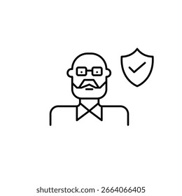 Alter Mann, Schild und Häkchen. Altenpflege-Schutz, Seniorensicherheit, geprüfte Gesundheitsversorgung für Senioren. Pixel perfekt, bearbeitbares Strichvektorsymbol