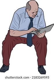 An elderly man in a shirt and tie sits and looks at a laptop, isolated on white background