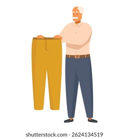Elderly man showing large yellow pants after successful diet and weight loss, healthy lifestyle and aging concept