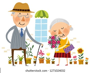 Elderly man showing love for elderly wife