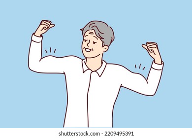 Elderly man showing muscles training and exercising. Smiling mature male demonstrate good physical shape follow sport lifestyle. Vector illustration. 